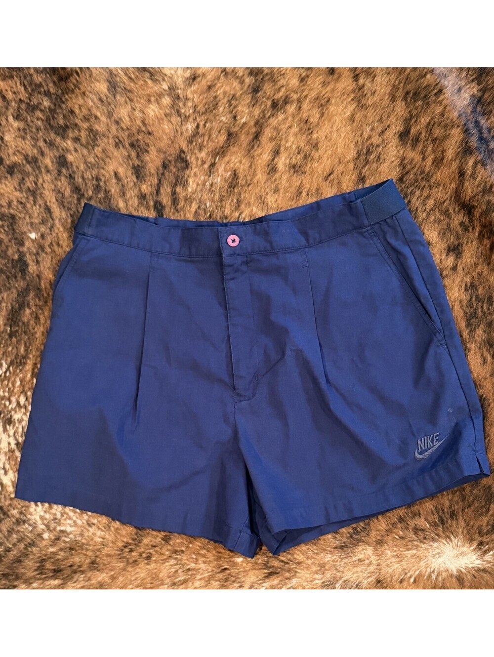 Vintage 80 90s Nike Pleated Tennis Shorts Navy Blue Mens 34 4” Inseam Block Logo